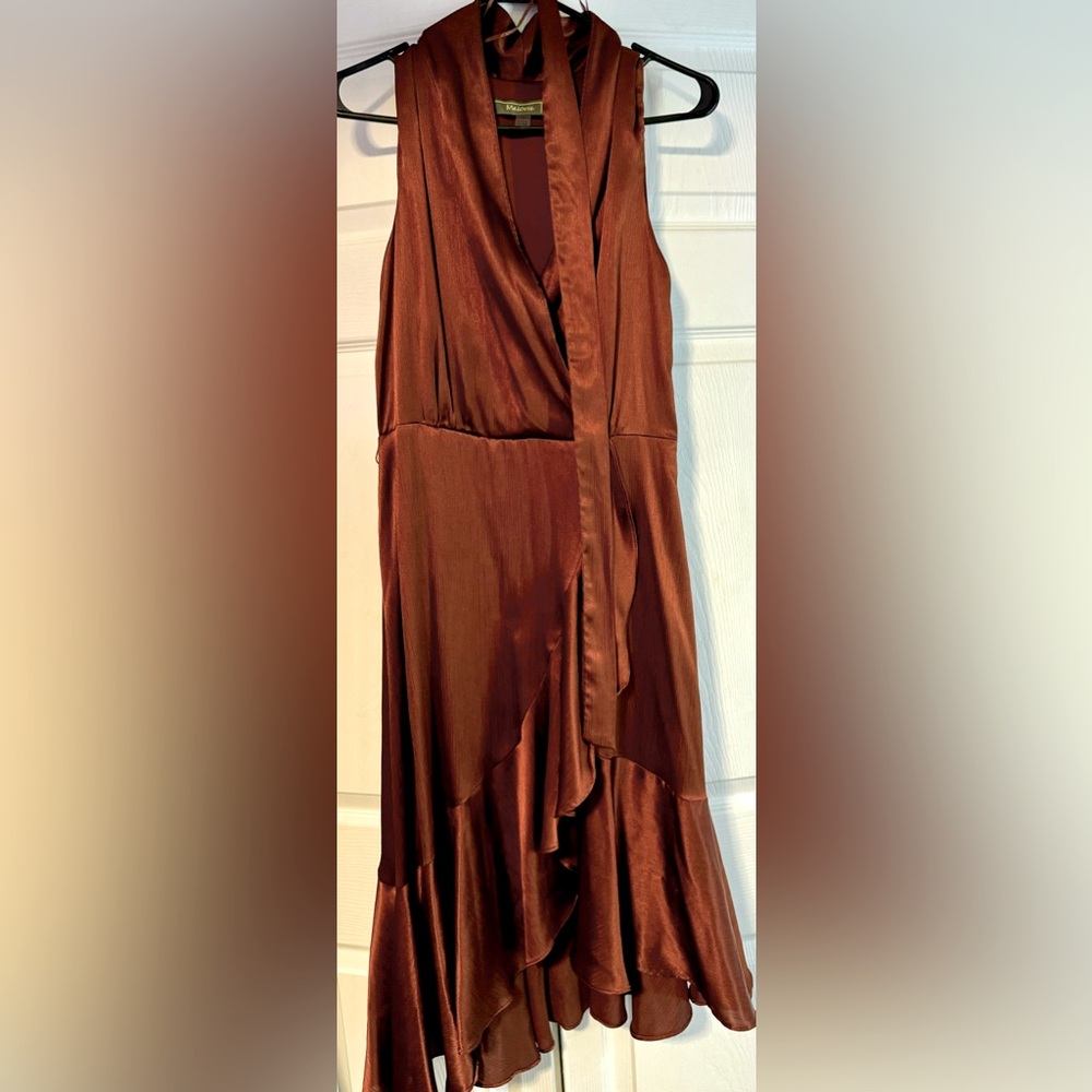 Party/ prom sleeveless maxi dress. Shiny Bronze shimmery v- neck low cut
